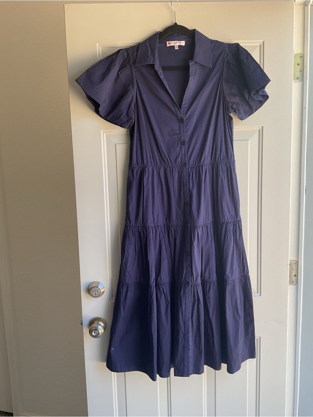 Jude Connally Navy Button-Front Tiered Midi Dress